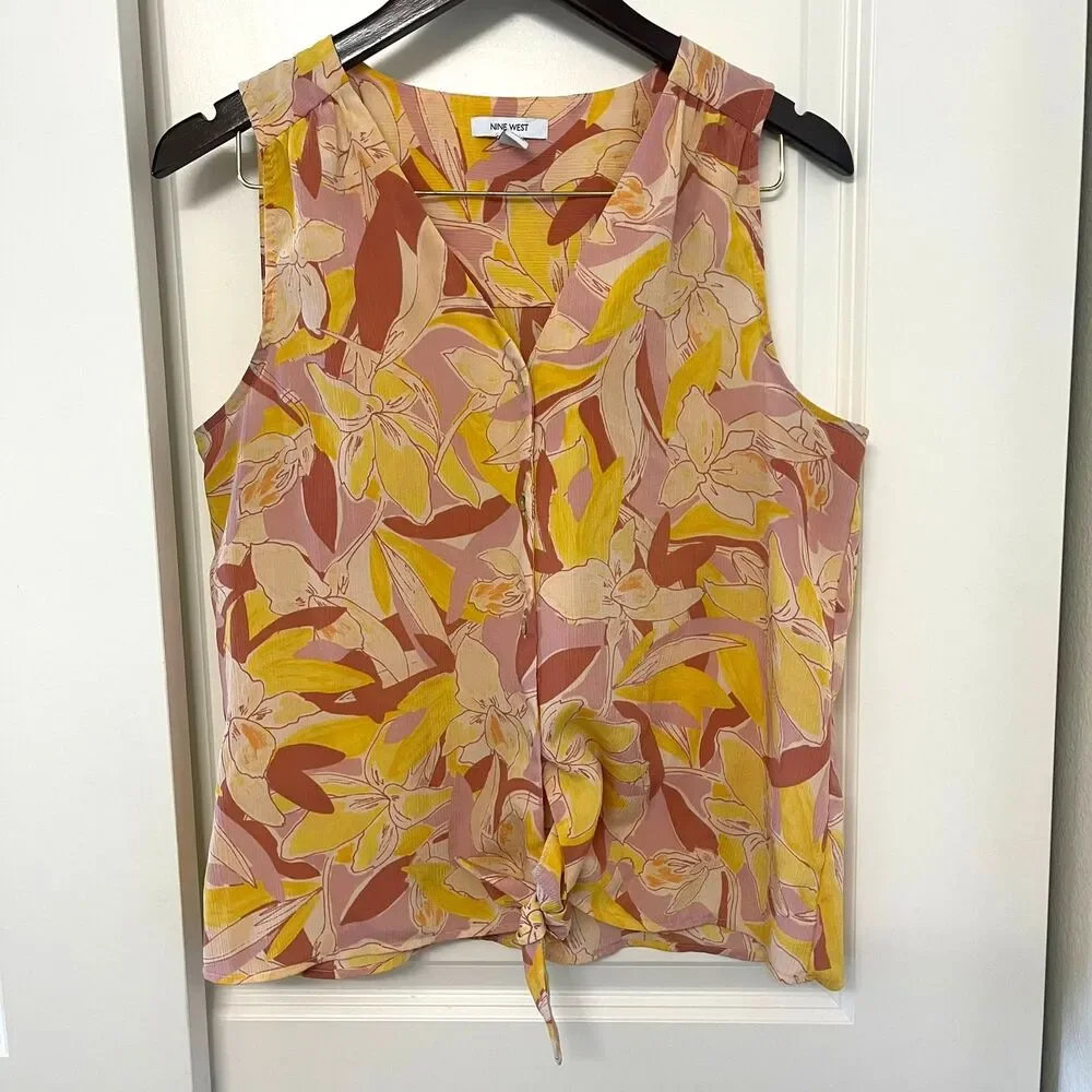 Nine West Women's sleeveless blouse floral front tie Tank Top Shirt Size M - Picture 2 of 7